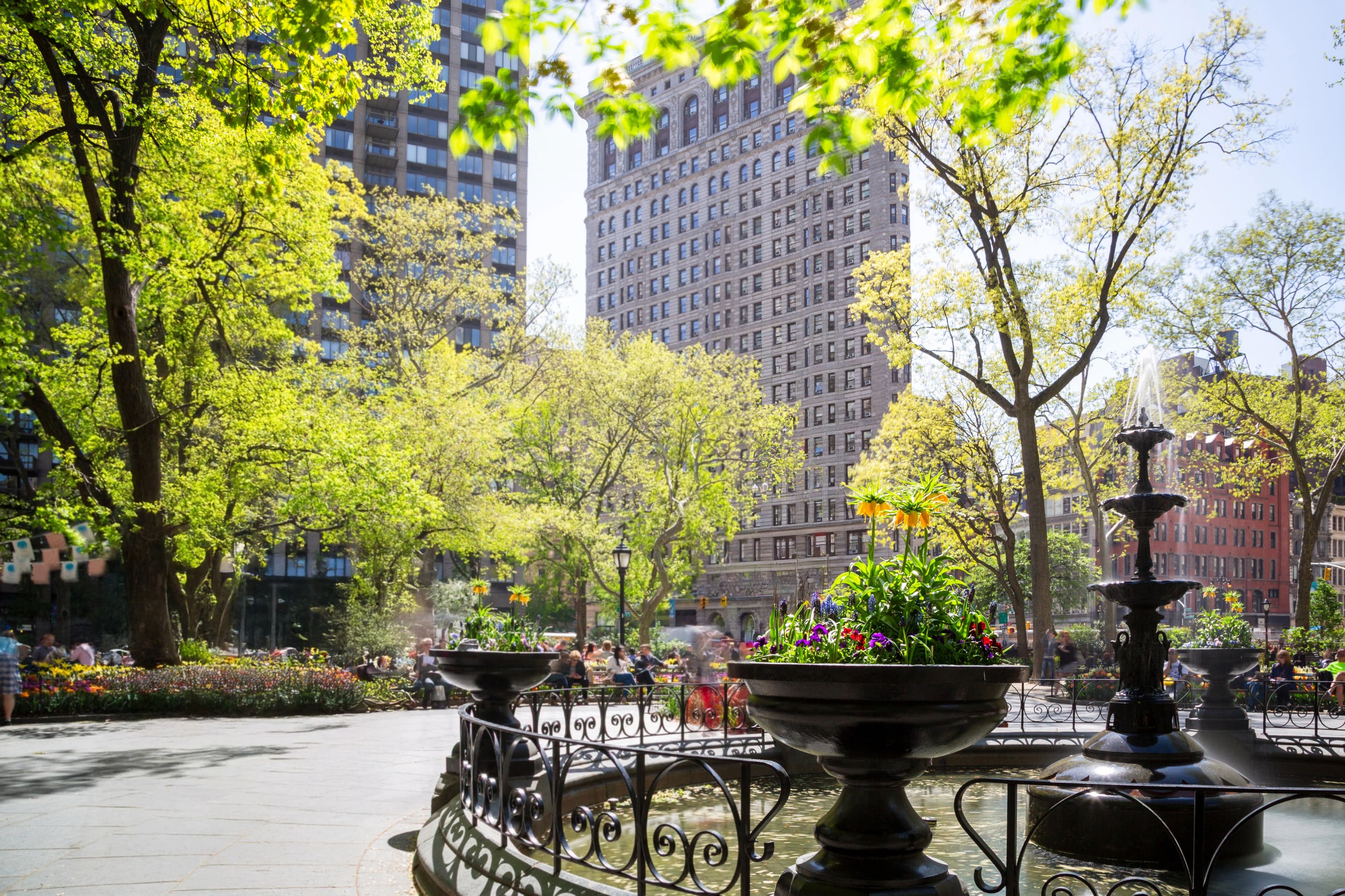 The Flatiron Building seen from Madison Square Park through spring trees, with the park fountain below