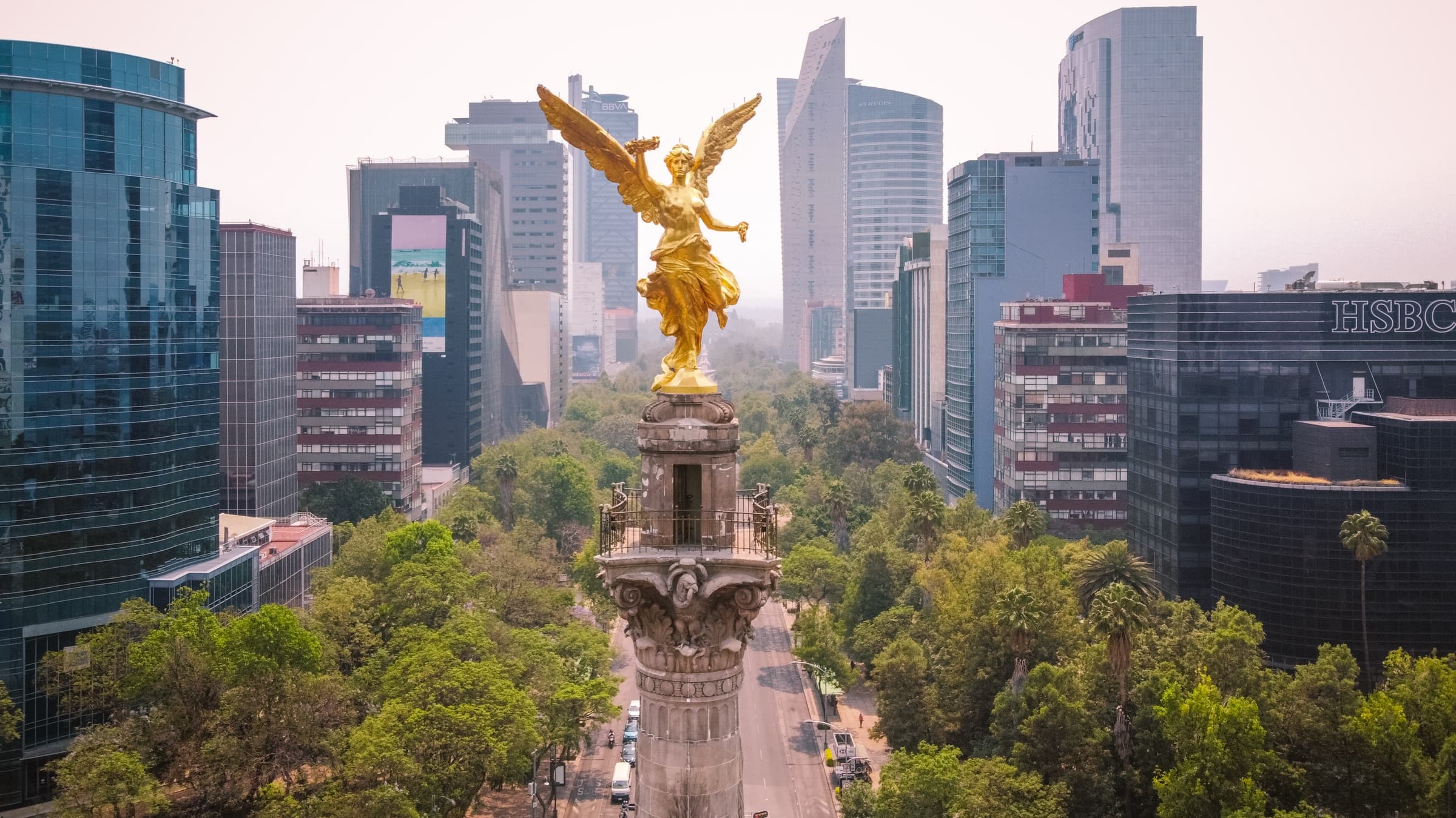 The golden Angel of Independence above Paseo de la Reforma in Mexico City